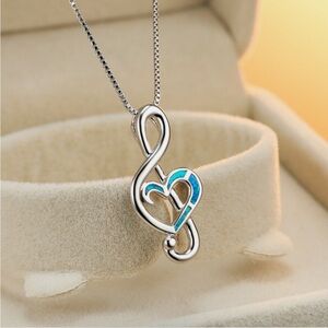 Music Synthetic Blue Opal Inlay Heart Treble Clef Note Necklace Sterling Silver